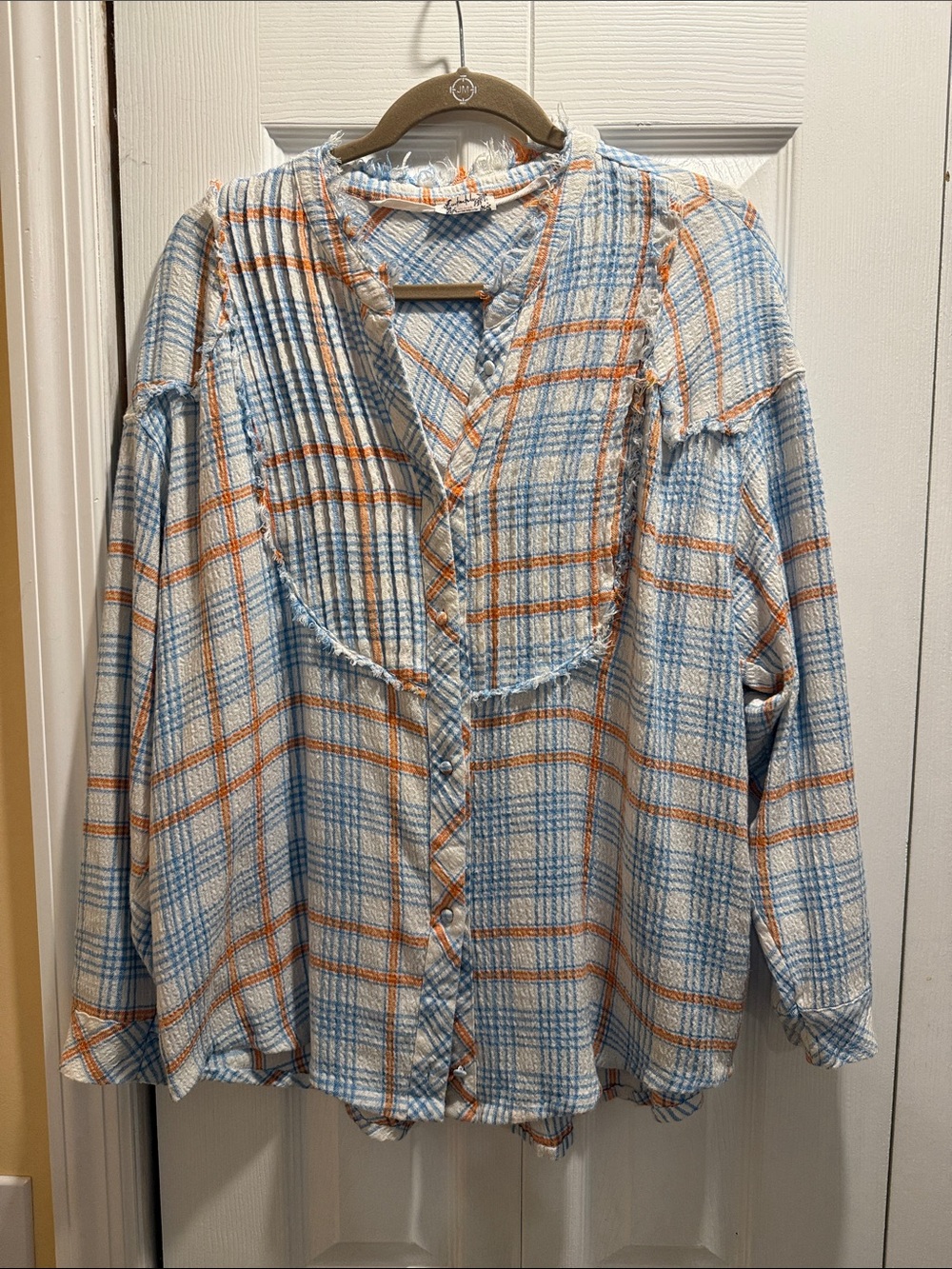 Free People Blue and Orange Plaid Button-Down Shirt pit-to-pit 25” length 27”